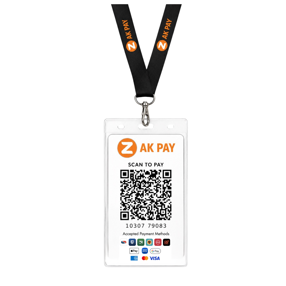 Zak Pay employee QR badge on a lanyard
